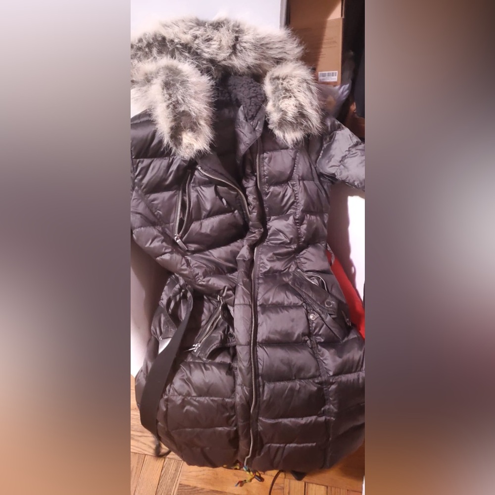 French Connection Charcoal Puffer Jacket with Faux Fur